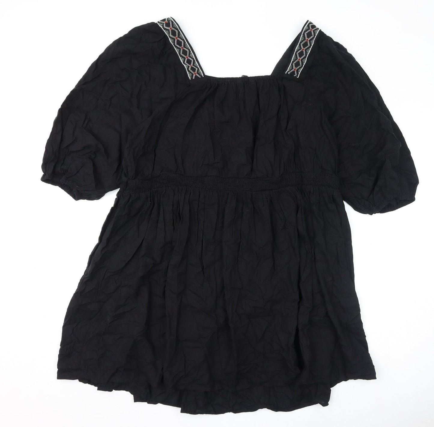Marks and Spencer Womens Black Polyester A-Line Size 24 Square Neck Pullover - Embroidery