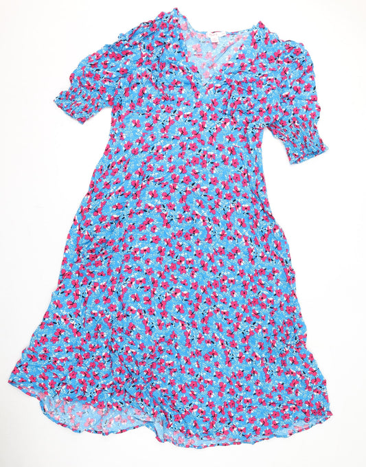 Finery Womens Blue Floral Viscose A-Line Size 12 V-Neck Zip
