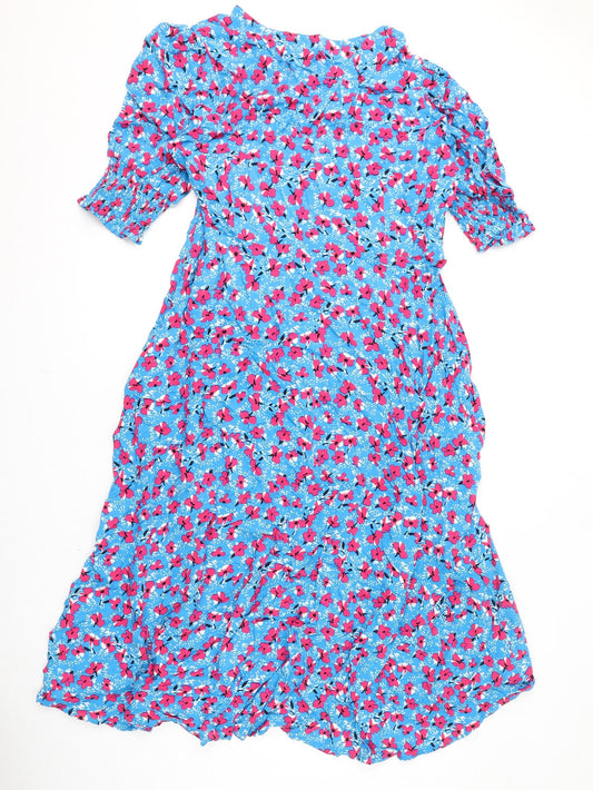 Finery Womens Blue Floral Viscose A-Line Size 12 V-Neck Zip