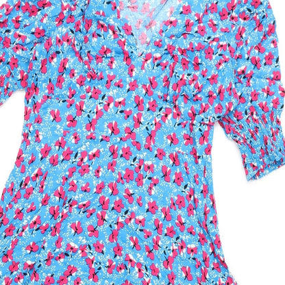 Finery Womens Blue Floral Viscose A-Line Size 12 V-Neck Zip