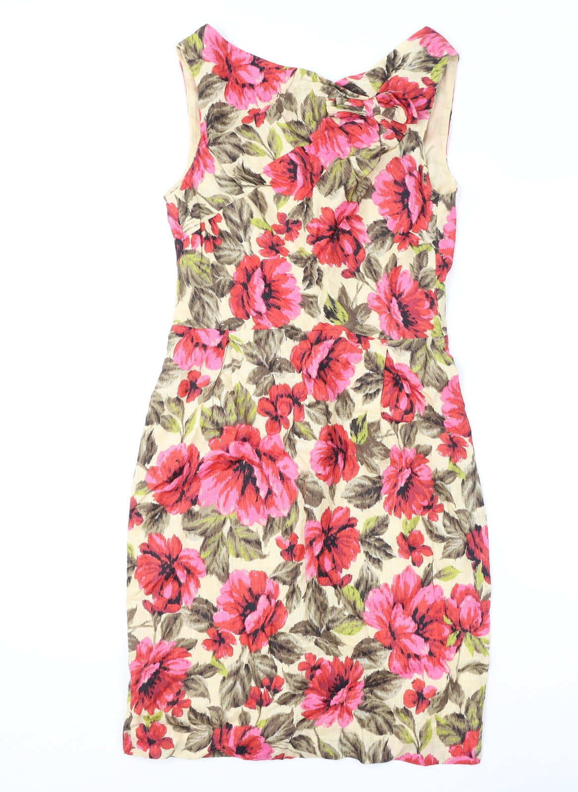 NEXT Womens Multicoloured Floral Linen Pencil Dress Size 8 Round Neck Zip - Slit