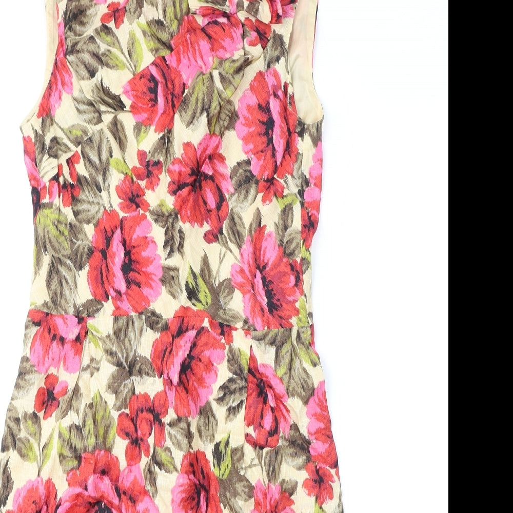 NEXT Womens Multicoloured Floral Linen Pencil Dress Size 8 Round Neck Zip - Slit