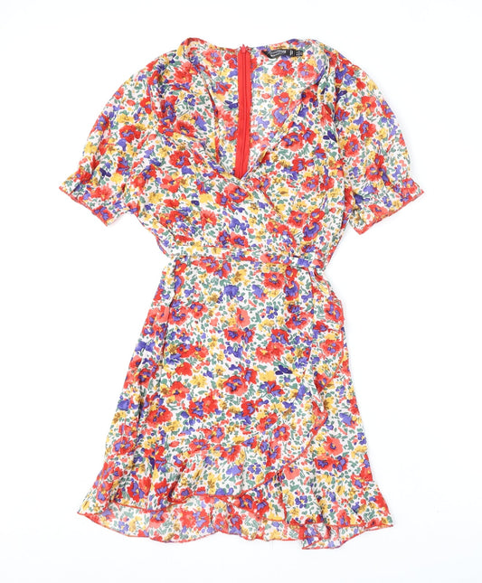 Missguided Womens Multicoloured Floral Polyester A-Line Size 10 V-Neck Zip - Belt Included