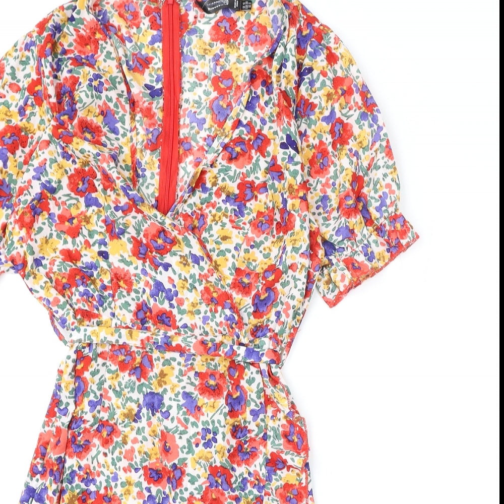 Missguided Womens Multicoloured Floral Polyester A-Line Size 10 V-Neck Zip - Belt Included