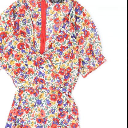 Missguided Womens Multicoloured Floral Polyester A-Line Size 10 V-Neck Zip - Belt Included