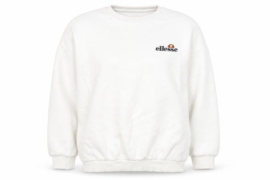 Front view of Ellesse women’s white cotton pullover sweatshirt, size UK 6, pullover - logo