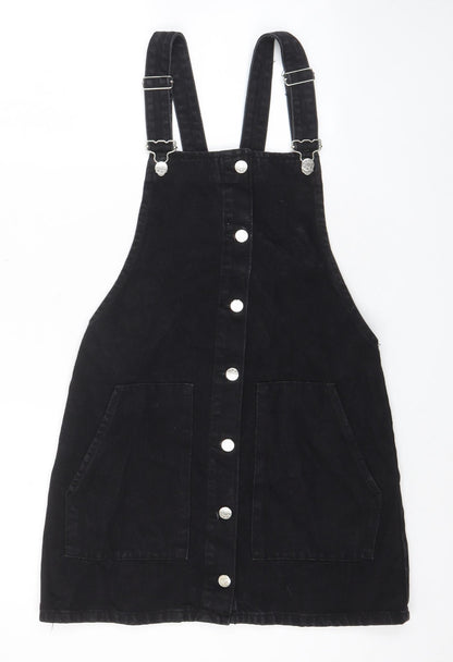 Zara Womens Black Cotton Pinafore/Dungaree Dress Size XS Square Neck Button