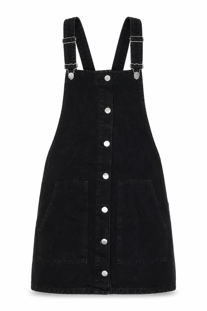 Zara Womens Black Cotton Pinafore/Dungaree Dress Size XS Square Neck Button