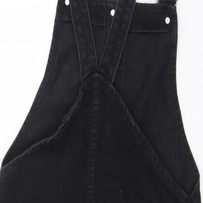 Zara Womens Black Cotton Pinafore/Dungaree Dress Size XS Square Neck Button