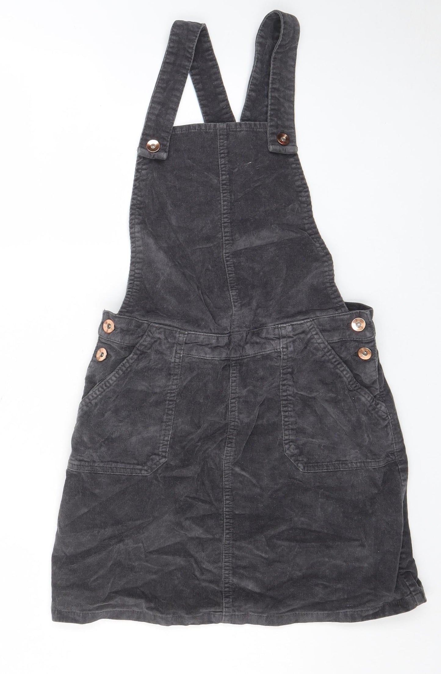George Girls Grey Cotton Pinafore/Dungaree Dress Size 11-12 Years Square Neck Button