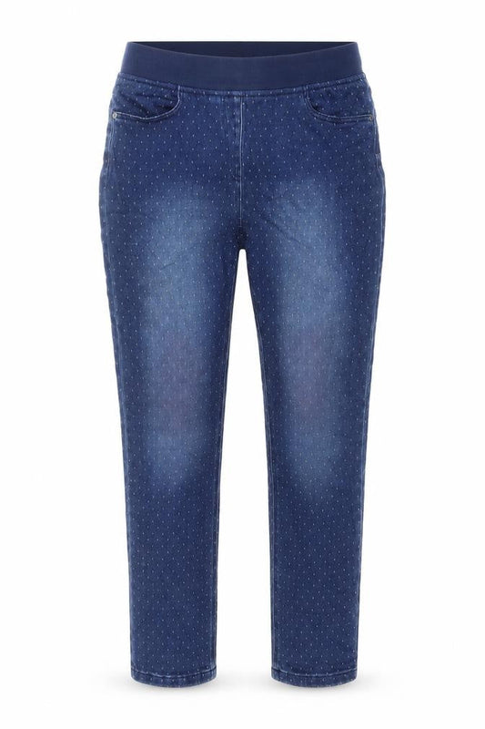 Front view of Maine New England women’s blue geometric cotton jegging jeans, size UK 10, 20-inch leg regular