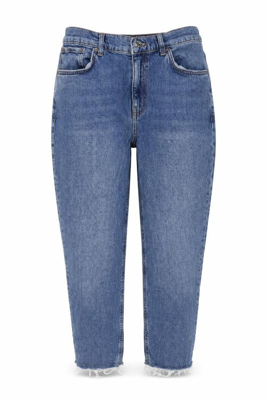 Front view of ASOS women’s blue cotton cropped jeans, size UK 28, in, 28-inch leg regular zip