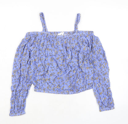 Marks and Spencer Girls Blue Floral Viscose Basic Blouse Size 12-13 Years Square Neck - Cold Shoulder