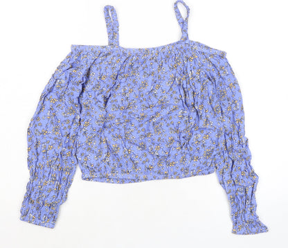 Marks and Spencer Girls Blue Floral Viscose Basic Blouse Size 12-13 Years Square Neck - Cold Shoulder
