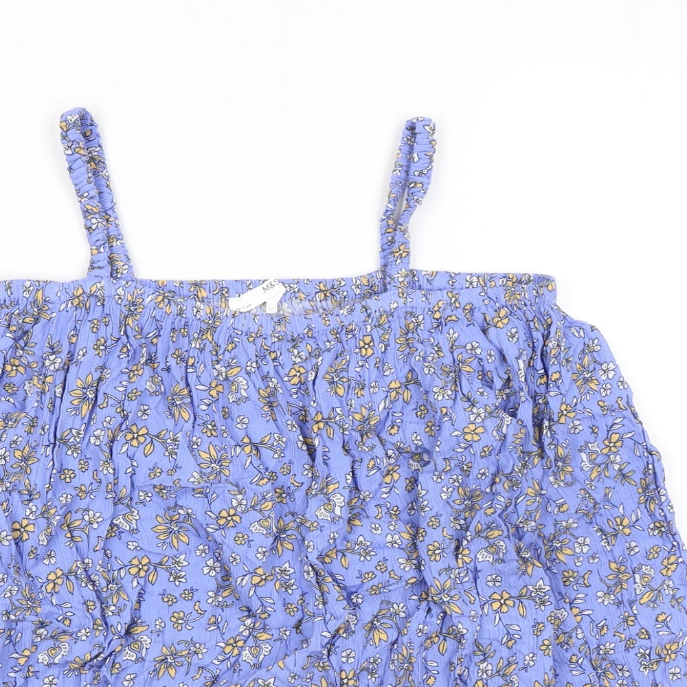 Marks and Spencer Girls Blue Floral Viscose Basic Blouse Size 12-13 Years Square Neck - Cold Shoulder