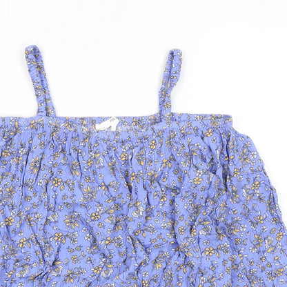 Marks and Spencer Girls Blue Floral Viscose Basic Blouse Size 12-13 Years Square Neck - Cold Shoulder