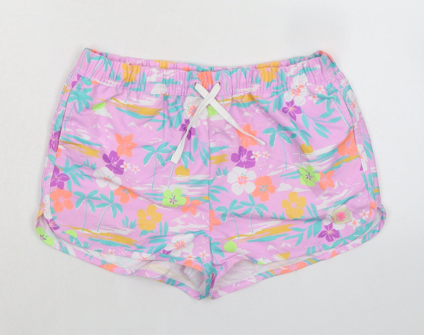 Marks and Spencer Girls Purple Floral 100% Polyester Bermuda Shorts Size 12-13 Years Regular Drawstring - Inside Leg 1.5in