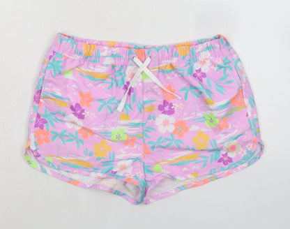 Marks and Spencer Girls Purple Floral 100% Polyester Bermuda Shorts Size 12-13 Years Regular Drawstring - Inside Leg 1.5in