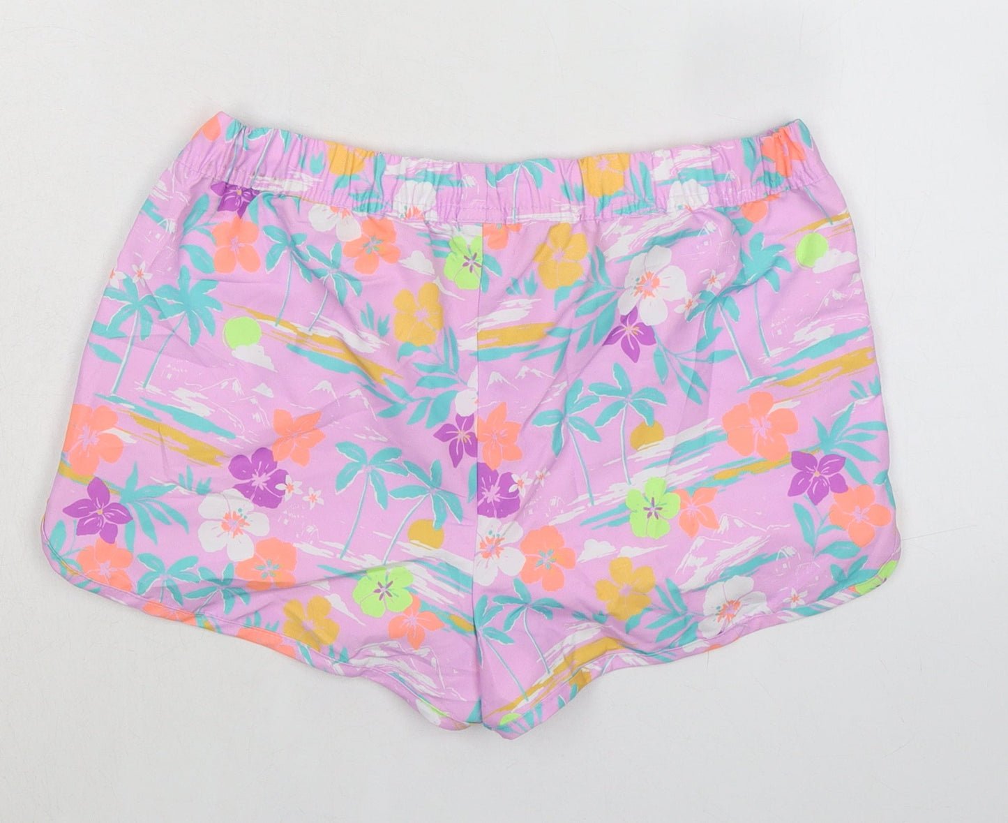 Marks and Spencer Girls Purple Floral 100% Polyester Bermuda Shorts Size 12-13 Years Regular Drawstring - Inside Leg 1.5in