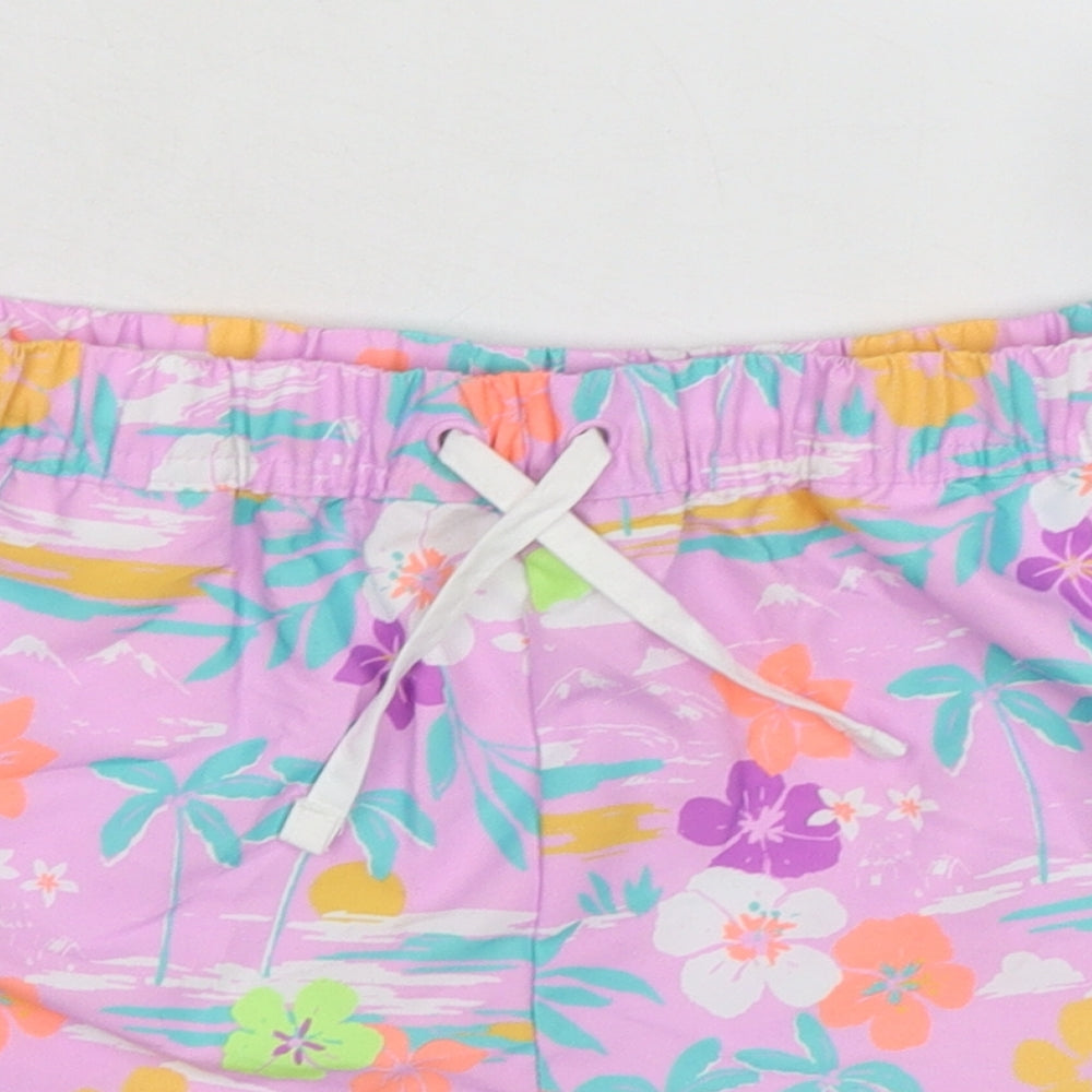Marks and Spencer Girls Purple Floral 100% Polyester Bermuda Shorts Size 12-13 Years Regular Drawstring - Inside Leg 1.5in