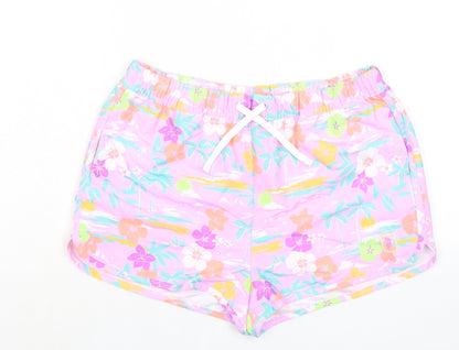Marks and Spencer Girls Purple Floral 100% Polyester Bermuda Shorts Size 13-14 Years Regular Drawstring - Inside Leg 1.5in