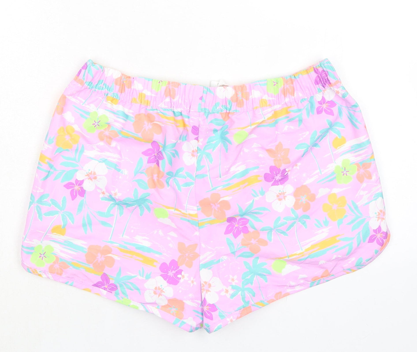 Marks and Spencer Girls Purple Floral 100% Polyester Bermuda Shorts Size 13-14 Years Regular Drawstring - Inside Leg 1.5in