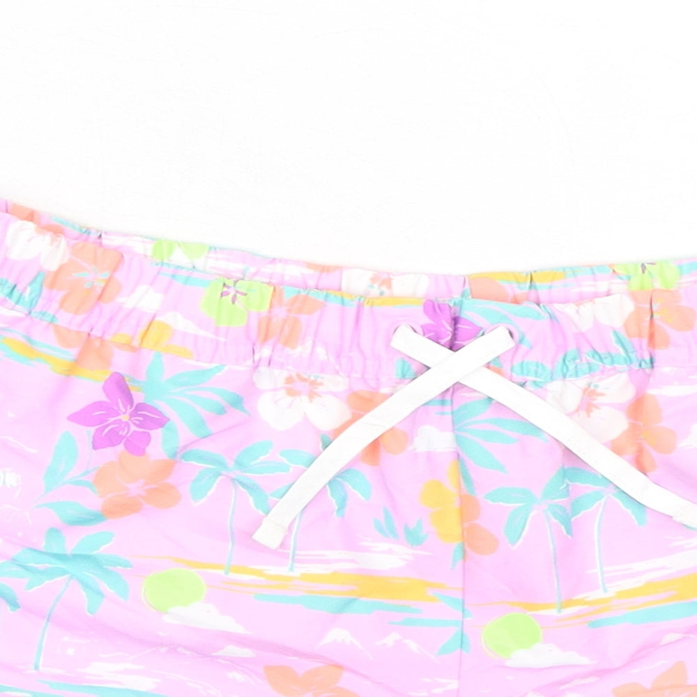 Marks and Spencer Girls Purple Floral 100% Polyester Bermuda Shorts Size 13-14 Years Regular Drawstring - Inside Leg 1.5in