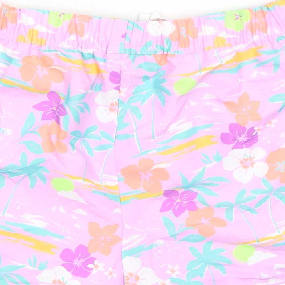 Marks and Spencer Girls Purple Floral 100% Polyester Bermuda Shorts Size 13-14 Years Regular Drawstring - Inside Leg 1.5in