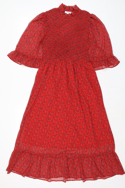 Finery Womens Red Floral Polyester A-Line Size 8 Mock Neck - Smocked