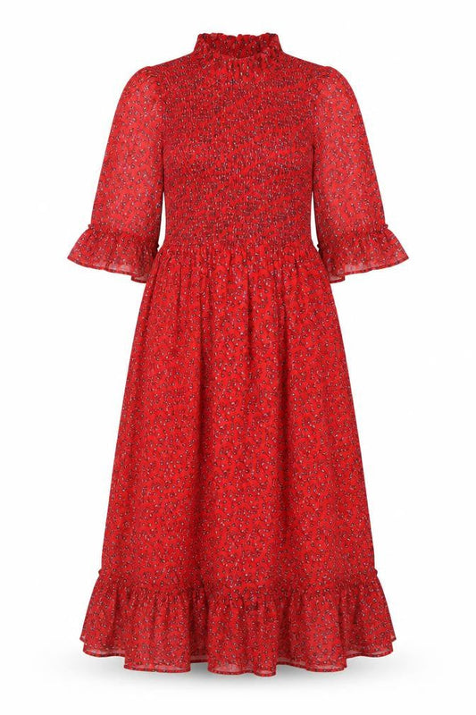 Finery Womens Red Floral Polyester A-Line Size 8 Mock Neck - Smocked