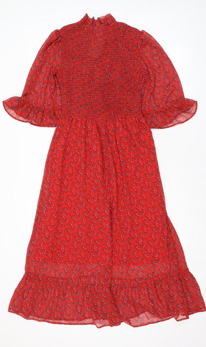 Finery Womens Red Floral Polyester A-Line Size 8 Mock Neck - Smocked