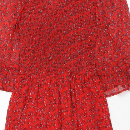 Finery Womens Red Floral Polyester A-Line Size 8 Mock Neck - Smocked