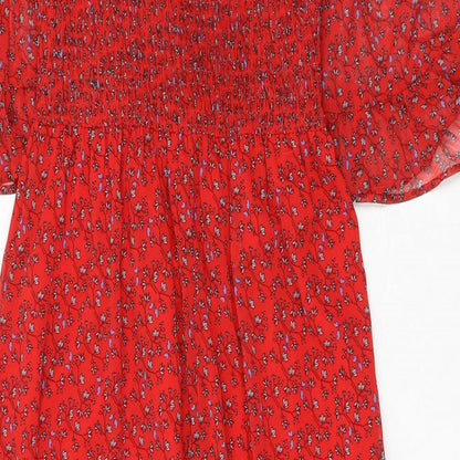 Finery Womens Red Floral Polyester A-Line Size 8 Mock Neck - Smocked