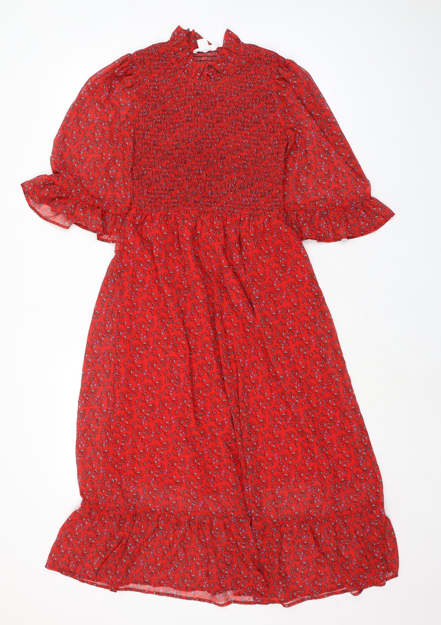 Finery Womens Red Floral Polyester A-Line Size 8 Mock Neck - Smocked