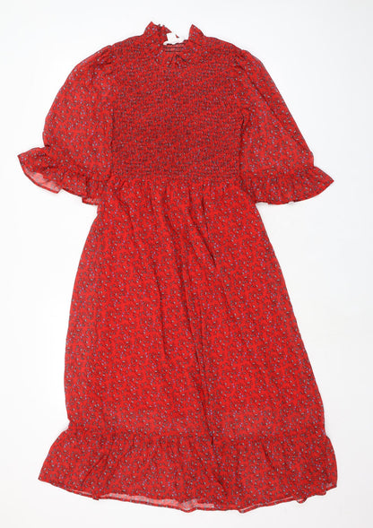 Finery Womens Red Floral Polyester A-Line Size 8 Mock Neck - Smocked