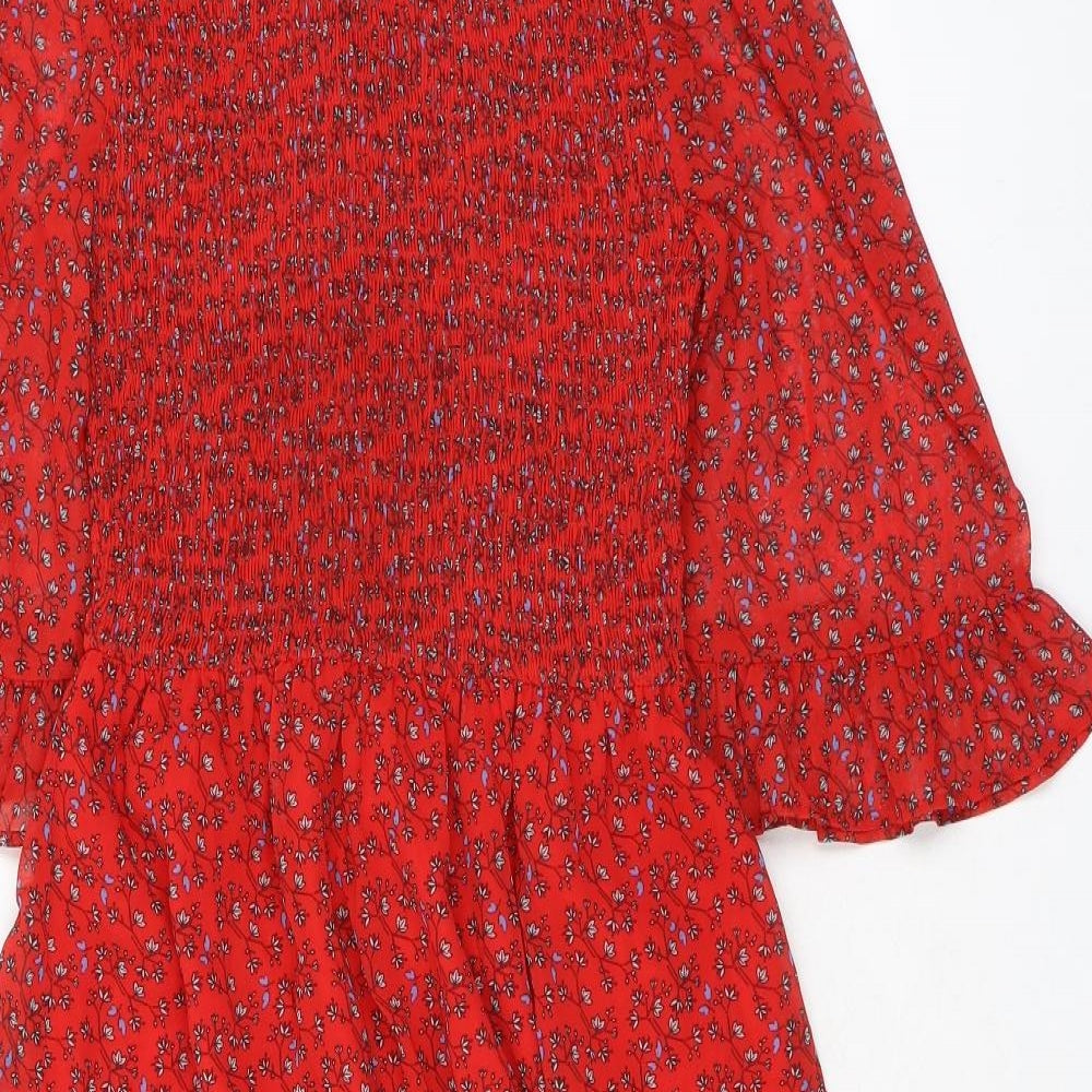 Finery Womens Red Floral Polyester A-Line Size 8 Mock Neck - Smocked