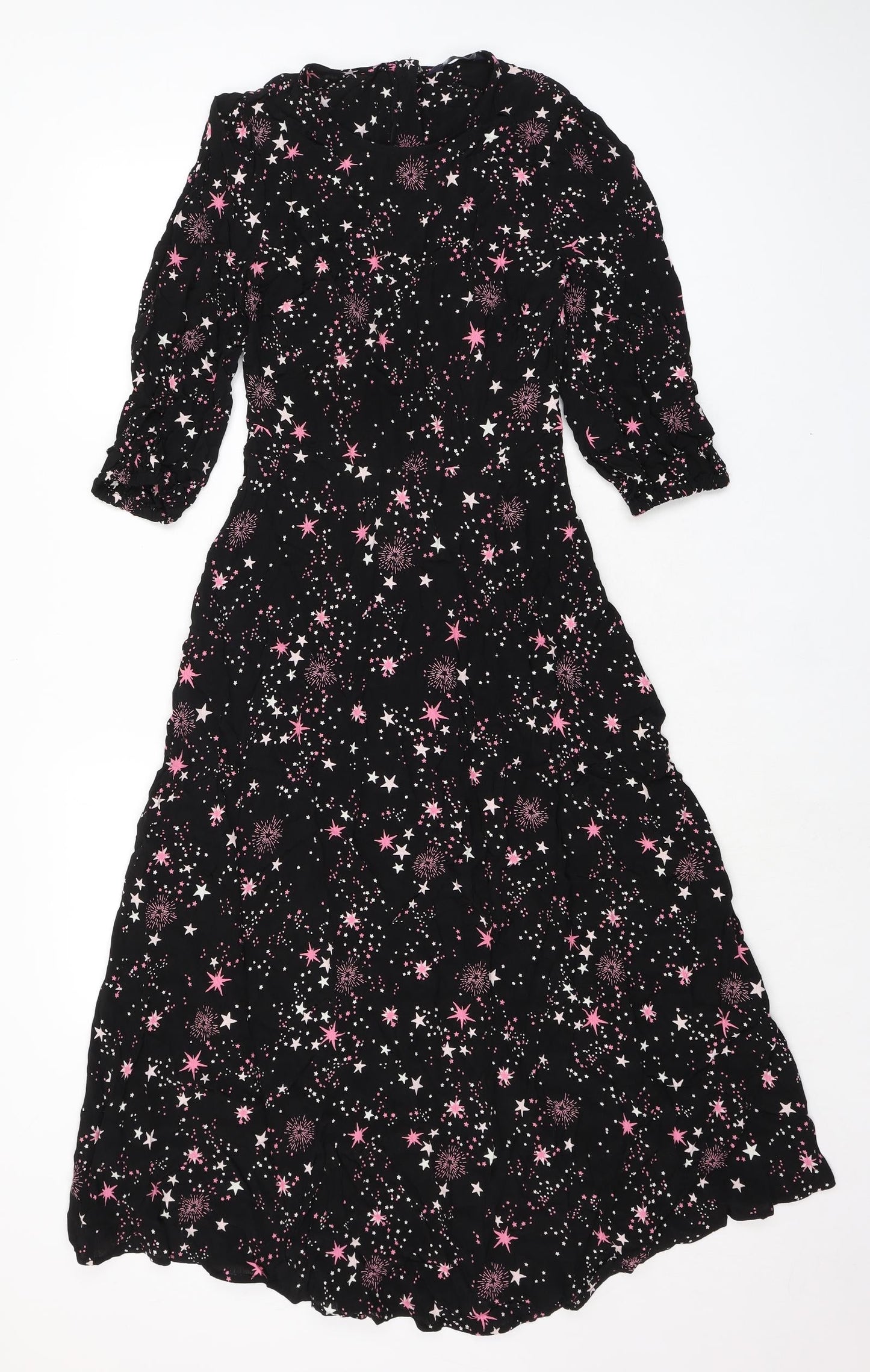 Marks and Spencer Womens Black Geometric Viscose A-Line Size 6 Round Neck Zip - Fireworks