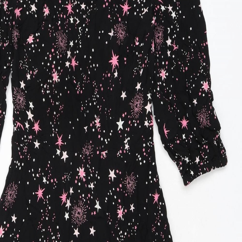 Marks and Spencer Womens Black Geometric Viscose A-Line Size 6 Round Neck Zip - Fireworks