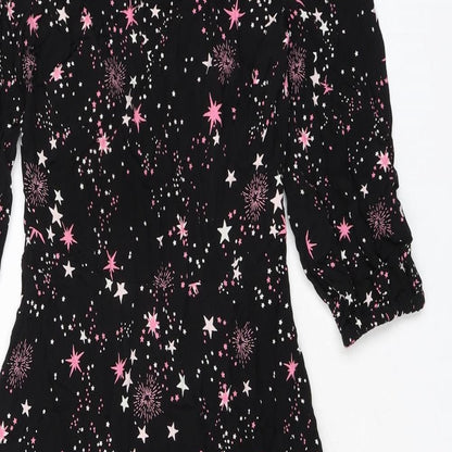 Marks and Spencer Womens Black Geometric Viscose A-Line Size 6 Round Neck Zip - Fireworks