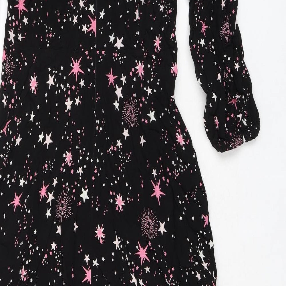 Marks and Spencer Womens Black Geometric Viscose A-Line Size 6 Round Neck Zip - Fireworks