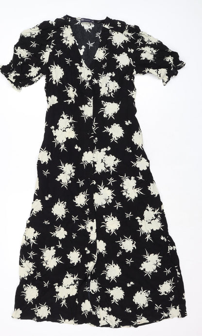 Marks and Spencer Womens Black Floral Viscose A-Line Size 6 V-Neck Button