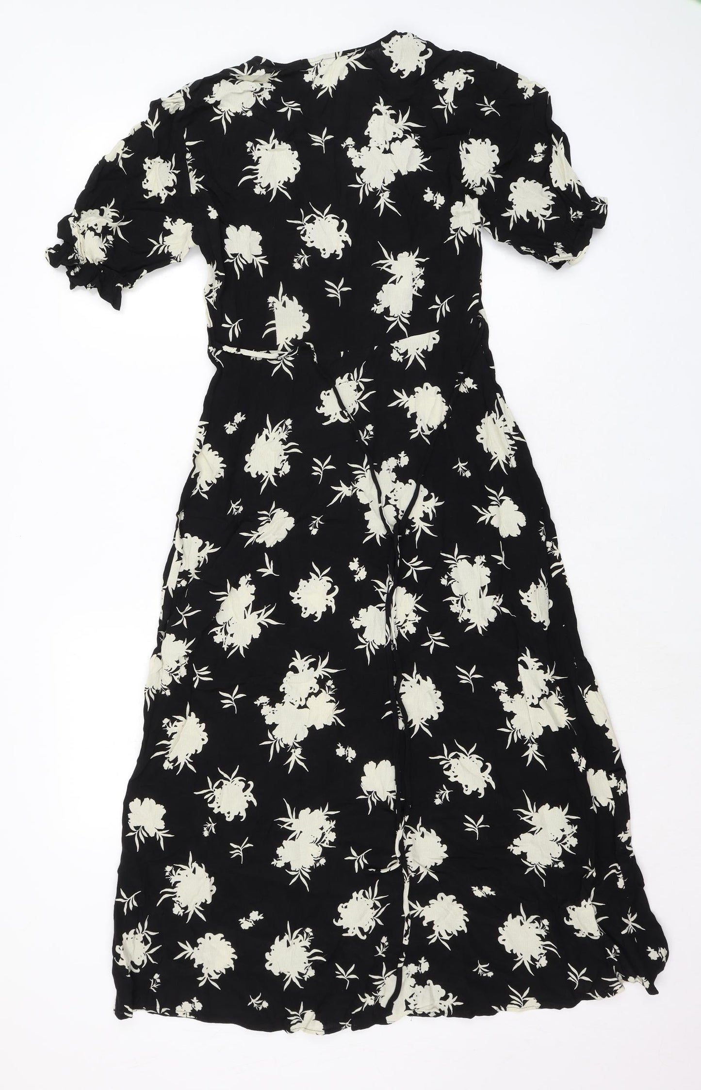 Marks and Spencer Womens Black Floral Viscose A-Line Size 6 V-Neck Button
