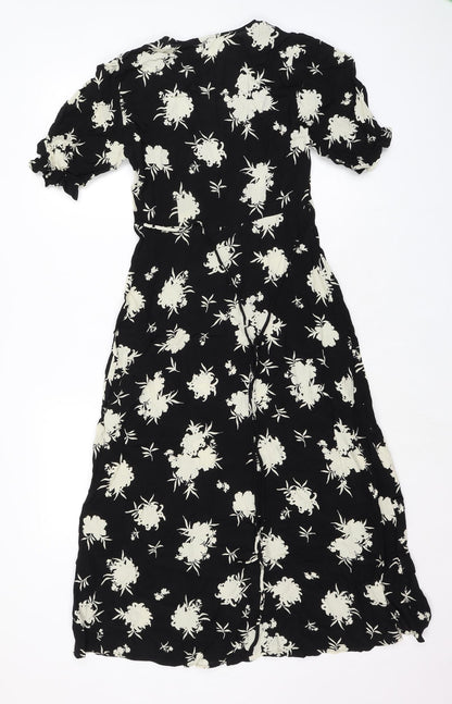 Marks and Spencer Womens Black Floral Viscose A-Line Size 6 V-Neck Button