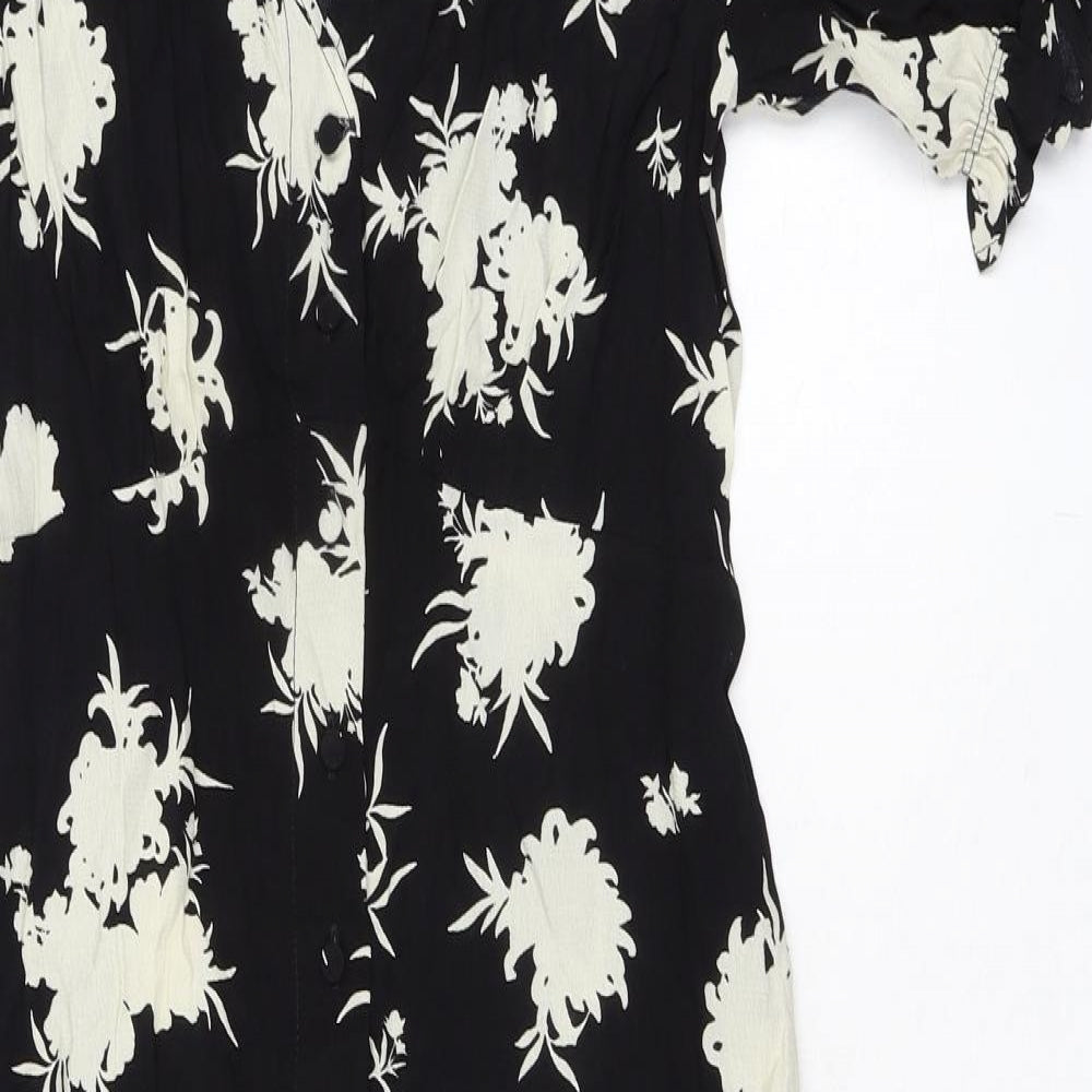 Marks and Spencer Womens Black Floral Viscose A-Line Size 6 V-Neck Button