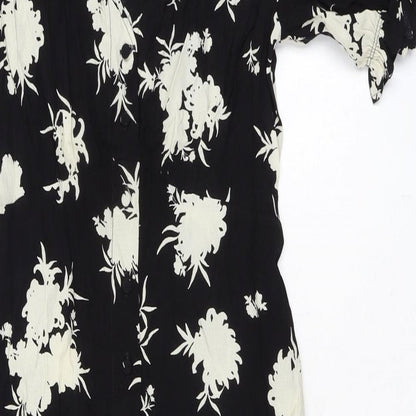 Marks and Spencer Womens Black Floral Viscose A-Line Size 6 V-Neck Button