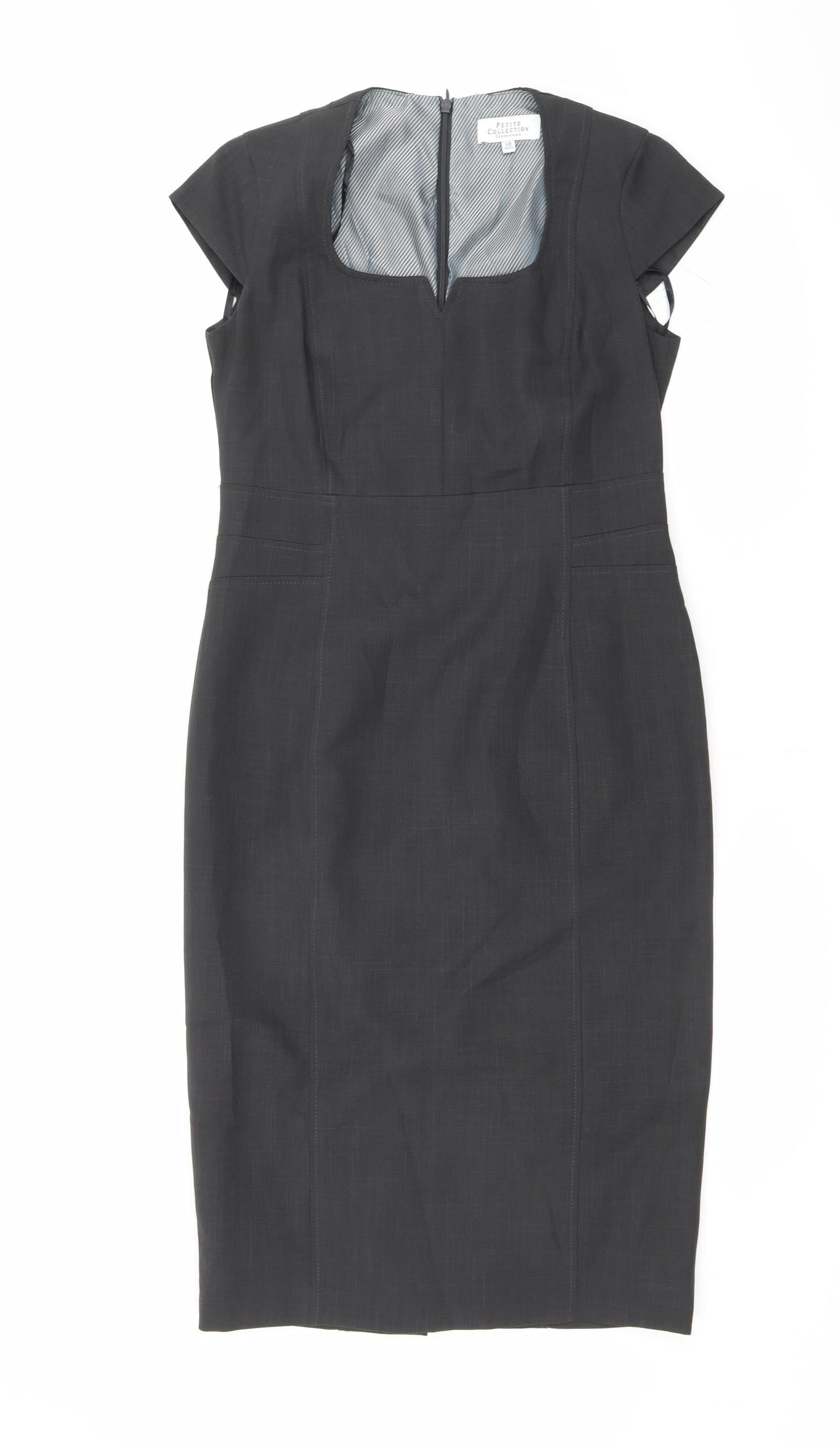 Debenhams Womens Grey Polyester Pencil Dress Size 10 Square Neck Zip