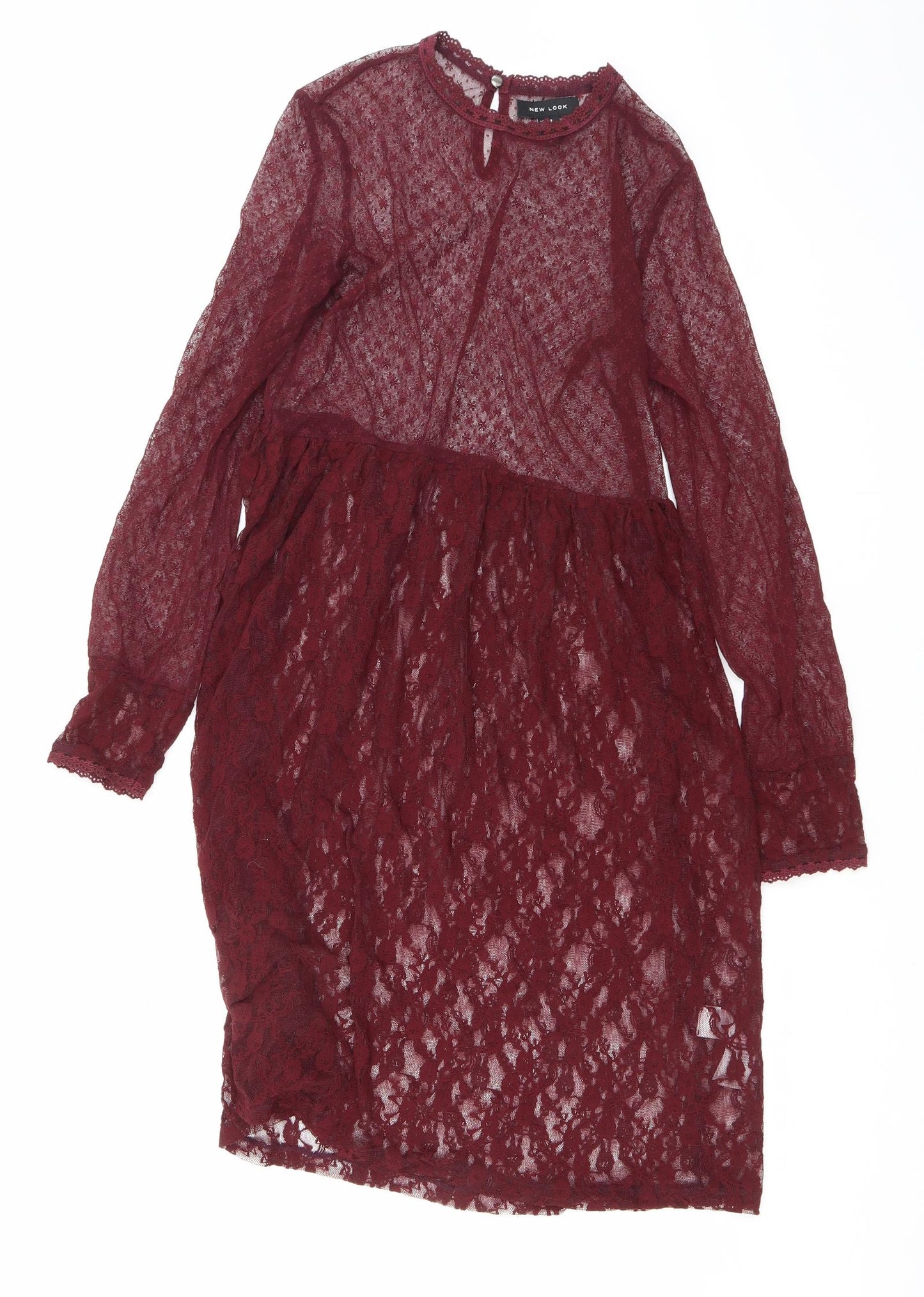 New Look Womens Purple Floral Nylon A-Line Size 8 Round Neck Button - Lace