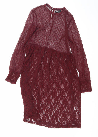 New Look Womens Purple Floral Nylon A-Line Size 8 Round Neck Button - Lace
