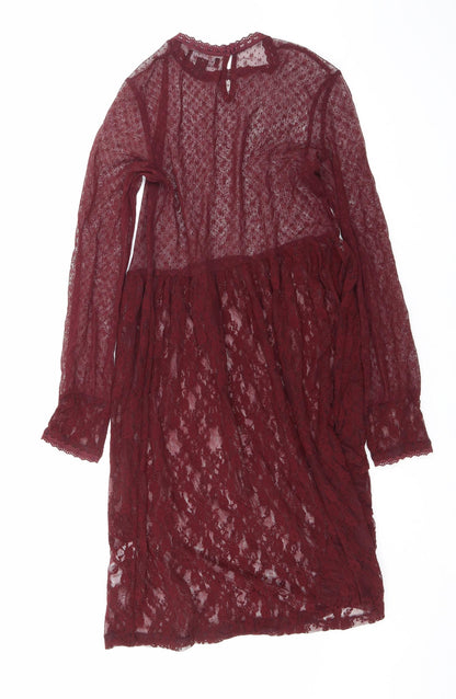 New Look Womens Purple Floral Nylon A-Line Size 8 Round Neck Button - Lace