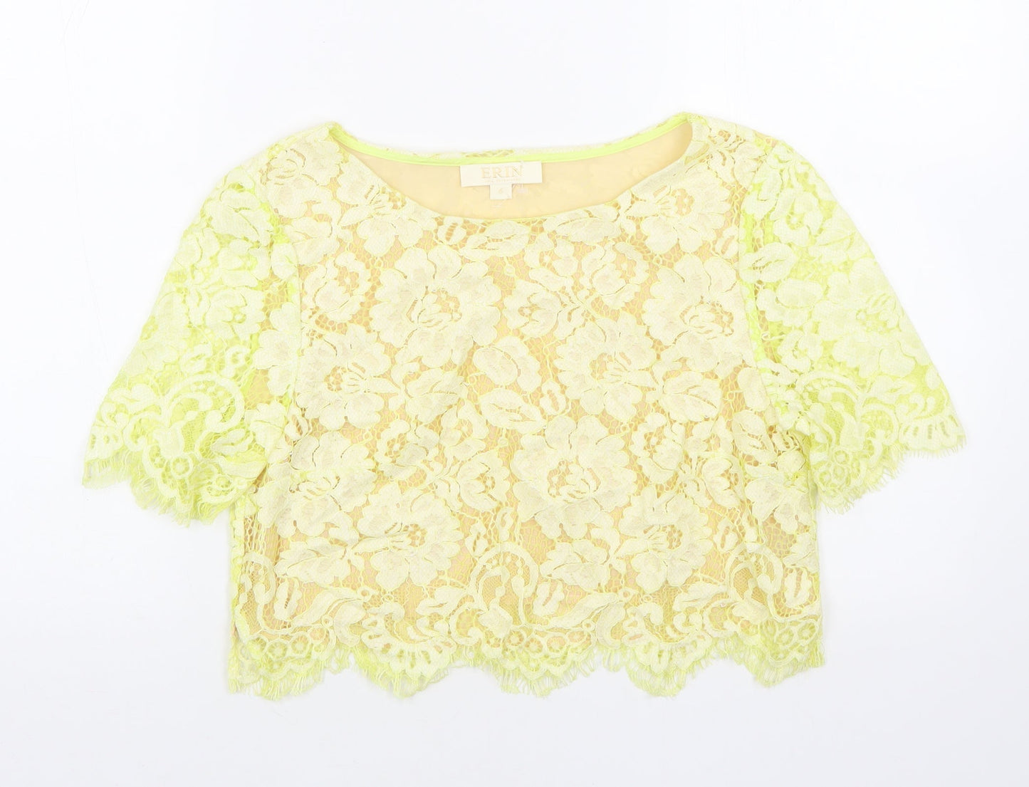 Erin Womens Yellow Floral Cotton Basic T-Shirt Size 6 Round Neck - Lace